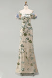 Robe de la mère de la mariée en sauge sauge dégagée à paillettes avec fleurs 3D