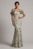 Robe de la mère de la mariée en sauge sauge dégagée à paillettes avec fleurs 3D