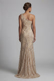 Robe de la mère de la mariée sirène à une épaule appliquée au champagne