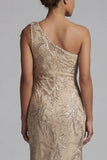 Robe de la mère de la mariée sirène à une épaule appliquée au champagne