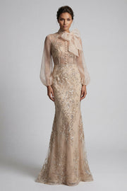 Robe de la mère de la mariée à col haut à col haut appliquée par la sirène de Champagen avec nœud