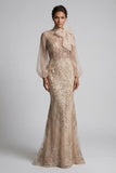 Robe de la mère de la mariée à col haut à col haut appliquée par la sirène de Champagen avec nœud