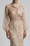 Robe de la mère de la mariée à col haut à col haut appliquée par la sirène de Champagen avec nœud
