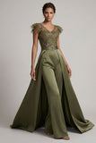 Combinaison Mother of the Bride à col en V appliquée olive avec manches flottantes
