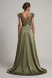 Combinaison Mother of the Bride à col en V appliquée olive avec manches flottantes