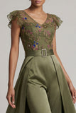 Combinaison Mother of the Bride à col en V appliquée olive avec manches flottantes