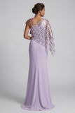 Robe de la mère de la mariée à paillettes lilas avec une épaule et une cape