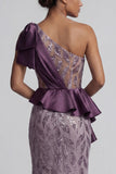 Robe scintillante à paillettes violettes sirène à une épaule avec fente