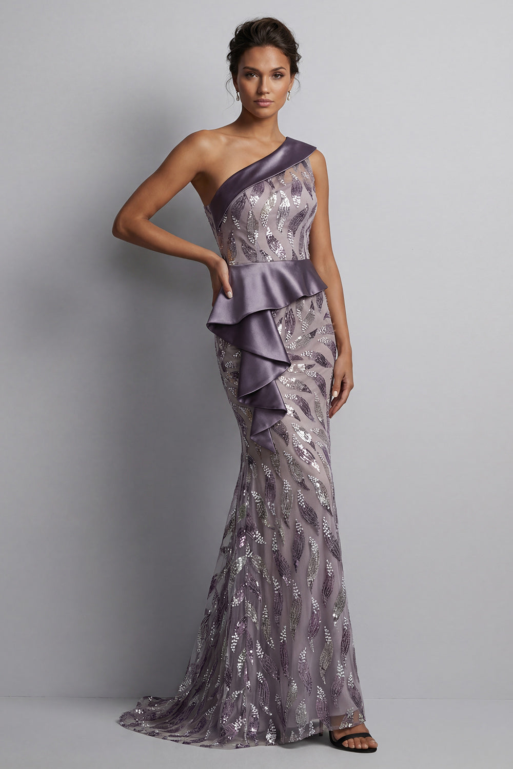 Robe vintage scintillante mauve longue sirène perlée de la mère de la mariée avec volants