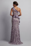 Robe vintage scintillante mauve longue sirène perlée de la mère de la mariée avec volants