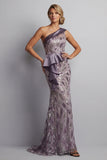 Robe vintage scintillante mauve longue sirène perlée de la mère de la mariée avec volants