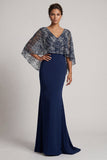 Robe sirène sirène à col en V en paillettes bleu marine scintillante avec cape