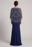 Robe sirène sirène à col en V en paillettes bleu marine scintillante avec cape
