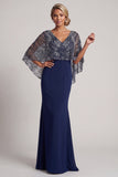 Robe sirène sirène à col en V en paillettes bleu marine scintillante avec cape