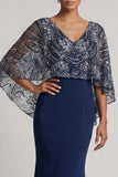 Robe sirène sirène à col en V en paillettes bleu marine scintillante avec cape