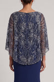 Robe sirène sirène à col en V en paillettes bleu marine scintillante avec cape