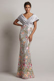 Robe scintillante argentée à col en V à paillettes sirène, longue robe de la mère de la mariée