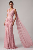 Robe rose à col en V en forme de sirène longue avec serpentin