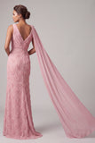 Robe rose à col en V en forme de sirène longue avec serpentin