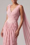 Robe rose à col en V en forme de sirène longue avec serpentin