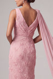 Robe rose à col en V en forme de sirène longue avec serpentin