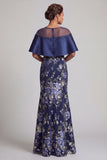 Robe longue de la mère de la mariée perlée de sirène à fleurs bleu marine avec cape