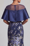 Robe longue de la mère de la mariée perlée de sirène à fleurs bleu marine avec cape