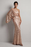 Robe de la mère de la mariée en paillettes champagne scintillante à une épaule longue avec manches