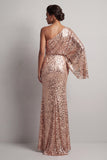 Robe de la mère de la mariée en paillettes champagne scintillante à une épaule longue avec manches