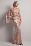 Robe de la mère de la mariée en paillettes champagne scintillante à une épaule longue avec manches
