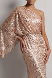 Robe de la mère de la mariée en paillettes champagne scintillante à une épaule longue avec manches