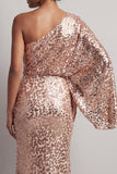 Robe de la mère de la mariée en paillettes champagne scintillante à une épaule longue avec manches