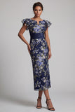 Robe de la mère de la mariée à manches longues à volants florales bleu marine