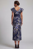 Robe de la mère de la mariée à manches longues à volants florales bleu marine