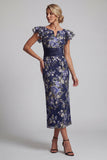 Robe de la mère de la mariée à manches longues à volants florales bleu marine