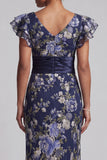 Robe de la mère de la mariée à manches longues à volants florales bleu marine