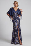 Robe longue de la mère de la mariée en sirène fleurie bleu marine avec une cape