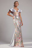 Robe longue de la mère de la mariée en sirène argentée à paillettes et scintillante
