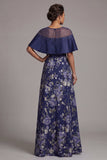 Robe de mère de la mariée perlée à perles florales de marine marine avec une cape