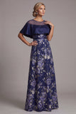 Robe de mère de la mariée perlée à perles florales de marine marine avec une cape