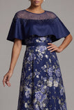 Robe de mère de la mariée perlée à perles florales de marine marine avec une cape