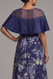 Robe de mère de la mariée perlée à perles florales de marine marine avec une cape