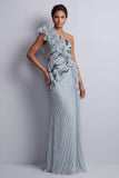 Robe de la mère de la mariée à volants d’une épaule et scintillante en chiffon bleu poussiéreux