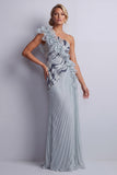 Robe de la mère de la mariée à volants d’une épaule et scintillante en chiffon bleu poussiéreux