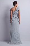 Robe de la mère de la mariée à volants d’une épaule et scintillante en chiffon bleu poussiéreux