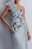 Robe de la mère de la mariée à volants d’une épaule et scintillante en chiffon bleu poussiéreux