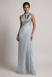 Robe longue de la mère de la mariée en chiffon bleu poussiéreux à col montant et plissé