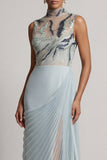 Robe longue de la mère de la mariée en chiffon bleu poussiéreux à col montant et plissé