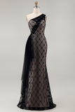 Robe noire à carreaux longue sirène à une épaule avec volants