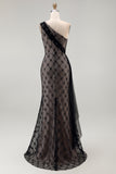 Robe noire à carreaux longue sirène à une épaule avec volants